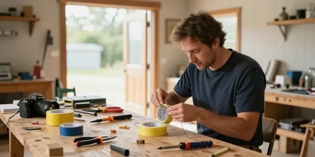Craftsman using Super33 electrical tape in a well-lit workshop.
