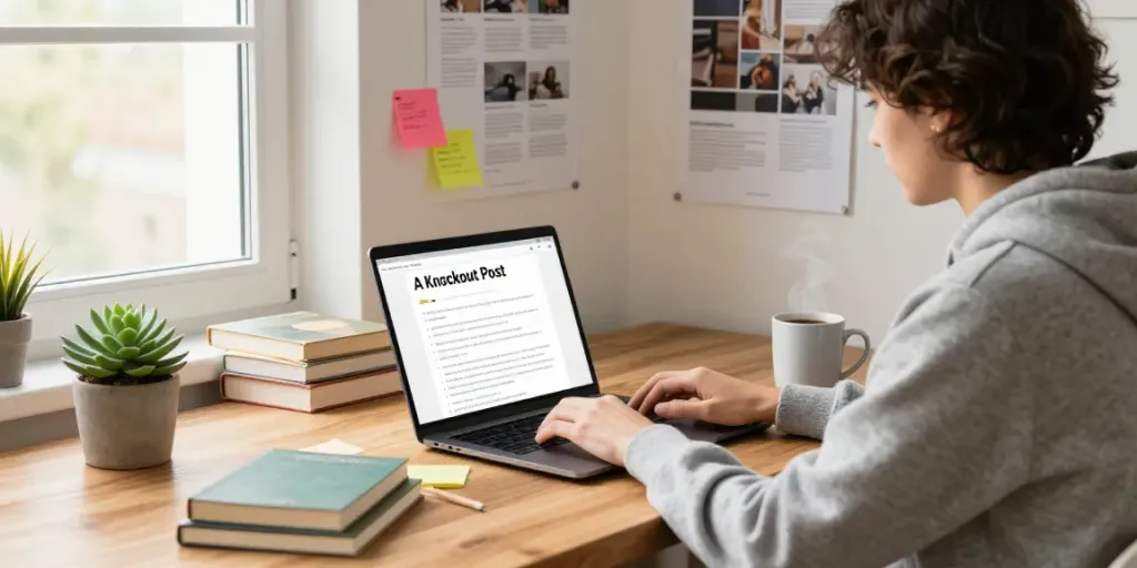 A knockout post being created by a content creator at a colorful blogging workspace.