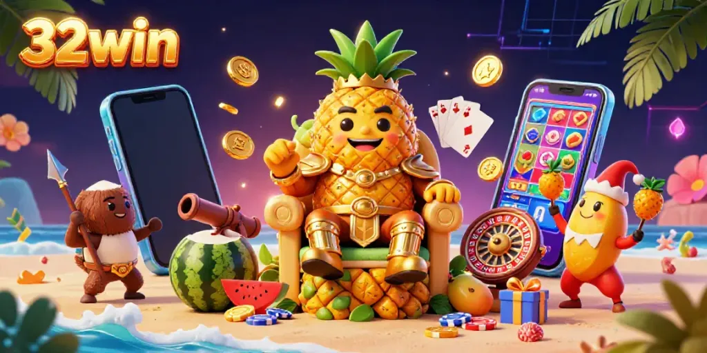 Experience the excitement of 32win with a vibrant 3D casino scene featuring a pineapple king and gaming elements.