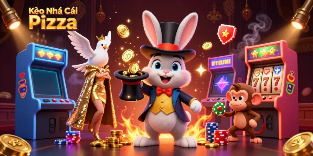 Engaging Kèo Nhà Cái Pizza scene featuring a magician rabbit, sequined dove, and monkey with poker chips in a vibrant casino.