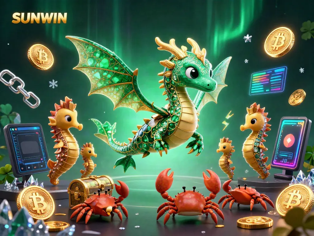 Experience thrilling gameplay at SUNWIN with a vibrant 3D sea dragon and cryptocurrencies in a casino environment.