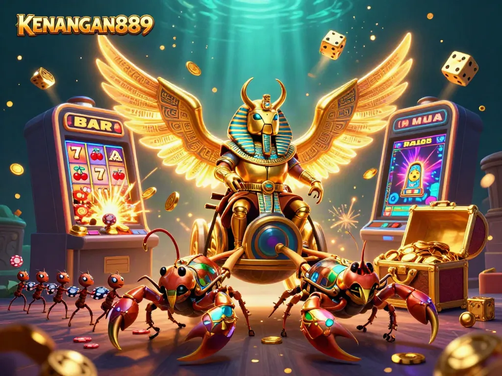 Engage with KENANGAN889, as the golden scarab beetle rides a chariot amidst a vibrant casino illustration.